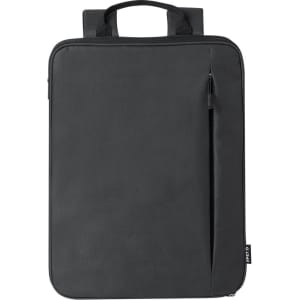 A sleek black backpack with a zippered front pocket and dual top handles, featuring branding on the side.