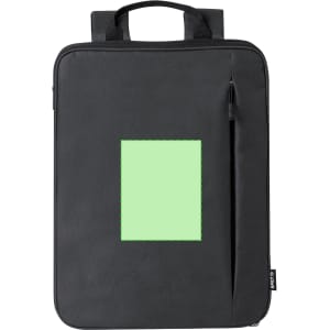 A black backpack with a mint green overlay and a side zip pocket. It features a logo.