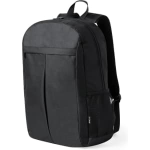 A black Amurax backpack featuring a main compartment, front pocket, and a mesh side pocket. It has a logo on it.
