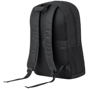 A black backpack with padded straps and mesh detailing on the back, featuring side pockets and no visible logo.