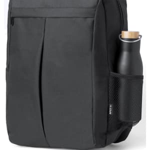 A black backpack featuring a side mesh pocket holding a drink bottle with a wooden lid.