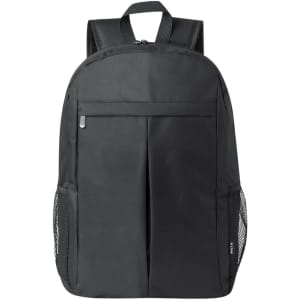 A black backpack featuring a front pocket and side mesh pockets, with padded shoulder straps and a branding logo.