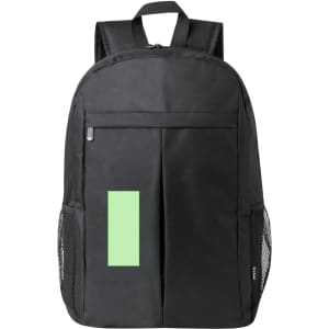 A black backpack with a front pocket and mesh side pockets, featuring a green accent and a logo.