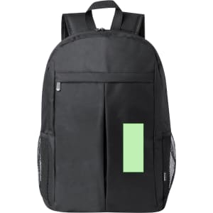 A black backpack featuring a zipper, two front pockets, and mesh side pockets. Includes a logo.
