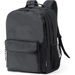 A black backpack with multiple compartments, including a zippered front pocket and a side mesh pocket.