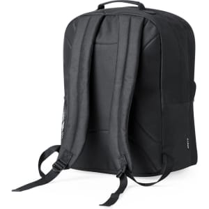A black backpack with padded straps and a sleek design, featuring a branding logo.