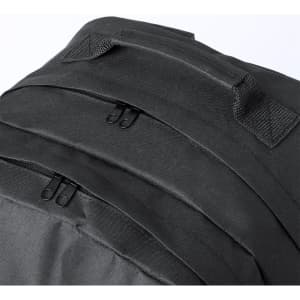 A black backpack featuring multiple zipped compartments and grab handles. It has a sleek design and a branding logo.