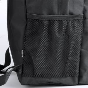 A black backpack featuring a mesh pocket on the side and adjustable straps. It has a logo on the side.