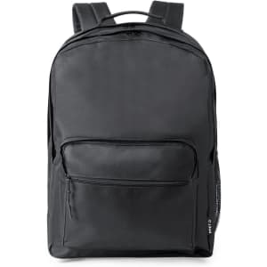 A black backpack featuring a front pocket and padded shoulder straps, complete with a logo.