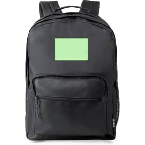 A black backpack featuring a front pocket and a logo area in mint green.