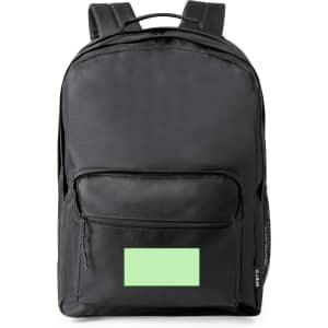 A black backpack with a front zip pocket and a mesh side pocket, featuring a logo on the lower right.