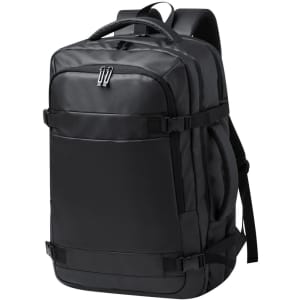 A black document bag backpack featuring multiple compartments and adjustable straps, designed for carrying laptops and documents.