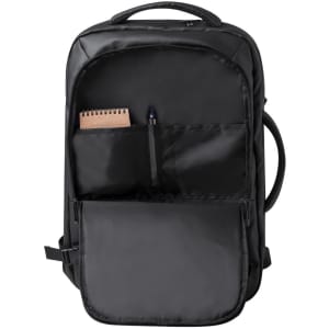 A black document bag backpack featuring pockets for a notebook and pen, along with a front zip compartment.