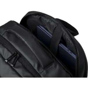 A black document bag backpack features a padded compartment for a laptop and a zippered pocket on the front.