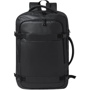 A black document bag backpack with a sleek design and external straps, featuring a logo. Suitable for laptop storage.