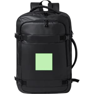 A black backpack with adjustable straps and a square area in a light green hue, featuring a logo.