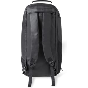 A black backpack with two adjustable shoulder straps and a top handle, featuring a zippered compartment and a logo.