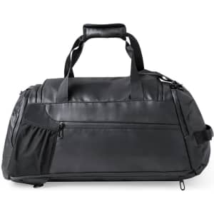 A black backpack bag featuring multiple compartments, a sturdy handle, and a logo on the front.