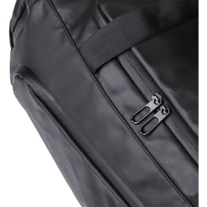 A black backpack bag featuring a zippered pocket and adjustable straps, with a subtle branding logo.