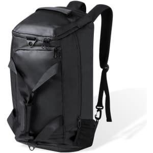 A black backpack bag with multiple zippers and adjustable straps, featuring a sleek design and a logo.