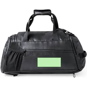 A black Denehy backpack bag featuring a side pocket and a handle, with a branding logo.