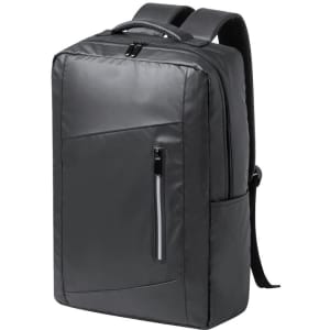 A sleek black backpack featuring a front zip pocket and padded shoulder straps, designed for comfort and durability.