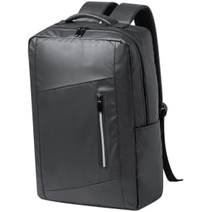 A sleek black backpack featuring a front zip pocket and adjustable straps, designed for style and functionality.