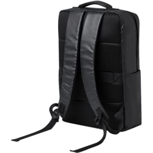 A black backpack with padded shoulder straps and side pockets, featuring a sleek and minimalist design.