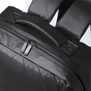 A black backpack featuring a sleek design with a zippered compartment and padded straps. It has a branding logo.