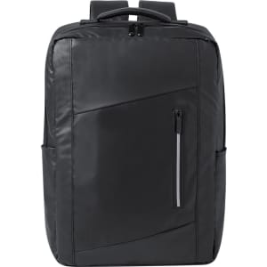 A black backpack featuring a sleek design, multiple compartments, and a zippered front pocket. It includes branding.