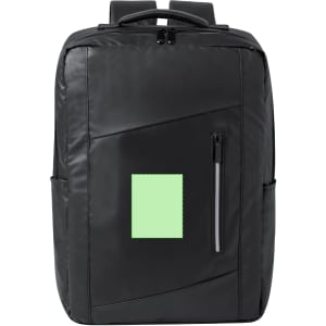 A black backpack with a textured design and a light green square patch, featuring a front zip pocket and dual shoulder straps.