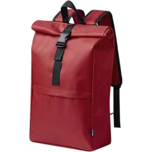 A red Vaega Backpack with a roll-top design, adjustable straps, and a front pocket. Features a logo on the side.