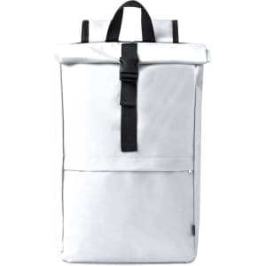 A white backpack with a roll-top closure, featuring black straps and a front pocket. It includes a logo on the design.