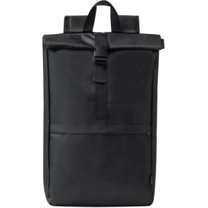 A black backpack with a roll-top design and front pocket, featuring adjustable straps and a logo.