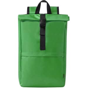 A green backpack with a roll-top closure, featuring a front pocket and a logo.
