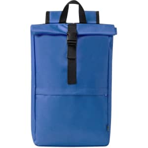 A blue Vaega backpack featuring a roll-top design, adjustable straps, and a front pocket. It has a logo on it.
