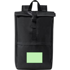 A black Vaega backpack featuring a roll-top design and a front pocket with a green label area.