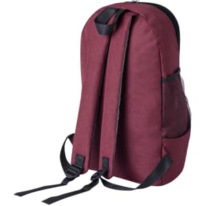 A burgundy backpack with black straps and a mesh side pocket, featuring a simple design and a logo.