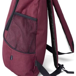 A maroon backpack with a mesh pocket and adjustable straps, featuring branding on the side.
