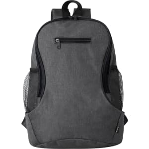 A grey backpack with mesh side pockets and a front zippered compartment, featuring a branding logo.