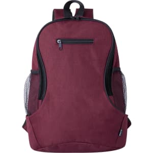 A burgundy backpack featuring a front zip pocket, mesh side pockets, and a logo. Designed for casual use.