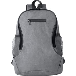A grey backpack with a zippered front pocket and side mesh pockets, featuring a logo on the lower edge.