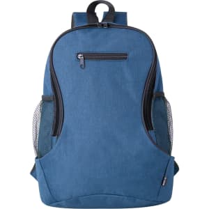 A blue backpack with a front zip pocket and mesh side pockets. It features padded shoulder straps and a logo.
