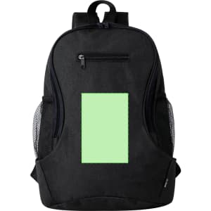 A black backpack with a front zipper pocket and mesh side pockets. It features a blank green area for branding.