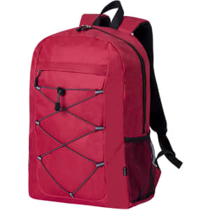 A red backpack featuring a mesh side pocket, zip closure, and bungee cord design on the front. It includes a logo.