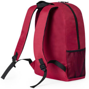 A red backpack with shoulder straps, a zippered closure, and a side mesh pocket. It features a logo on the front.