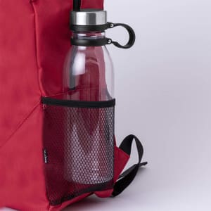 A red backpack featuring a transparent drink bottle in a black mesh side pocket. The backpack has a logo.