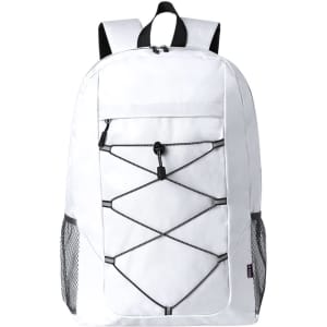 A white backpack with a front pocket and a mesh side pocket, featuring a bungee cord design and straps.