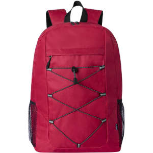 A red backpack with a front bungee cord, side mesh pockets, and padded shoulder straps. It features a logo.