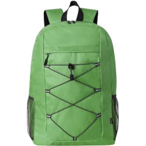 A green backpack with a mesh side pocket and bungee cord detail on the front. It features adjustable shoulder straps and branding.